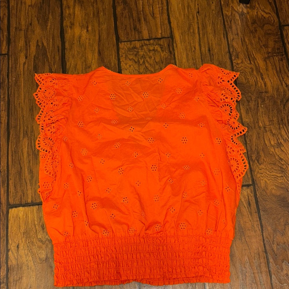 INC Bright Orange Eyelet Flutter Sleeve Women's Top - Picture 3 of 4